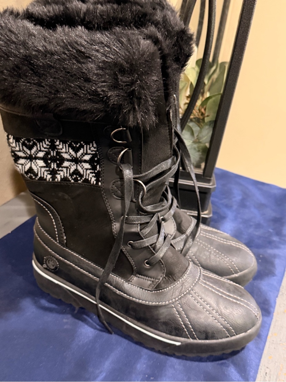 Northside Black Faux-Fur Lace-Up Winter Boots with Knit Snowflake Accent